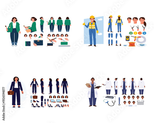 Collection of professionals in diverse careers and various poses