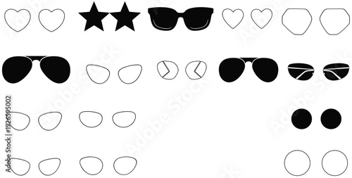 Eyeglasses puzzle illustration, sunglasses shape sequence, heart star hexagon circular aviator design, black filled outline pattern recognition logic game