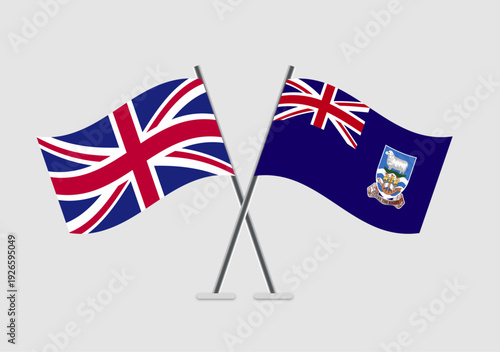United Kingdom and Falkland Islands vector flags on light background with poles