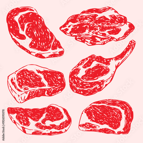 Hand drawn Butchery Wagyu Beef outline drawing illustration