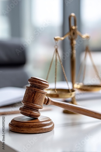 Wooden judge gavel on desk with justice scales in background, legal court concept and law authority symbol. Courtroom still life representing litigation, judicial decision and legal system