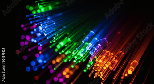 High-Speed Fiber Optic Cables: Vibrant Neon Data Transmission and Global Networking Technology Concept