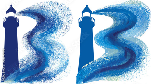 Two blue lighthouse silhouettes with abstract wave patterns extending across the image