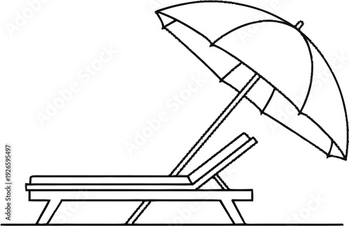Beach umbrella and lounge chair vector outline icon, hand drawn doodle summer vacation element for relaxation