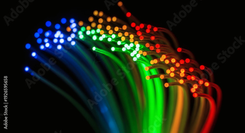 High-Speed Fiber Optic Cables: Vibrant Neon Data Transmission and Global Networking Technology Concept