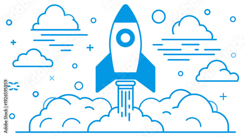 Blue rocket graphic taking off amidst clouds and stylized sky elements on a white background