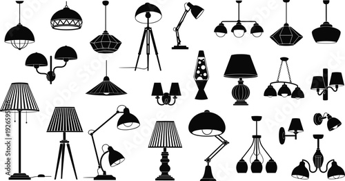 Lamp and light fixture silhouettes, floor table desk pendant chandelier wall designs, modern classic lighting collection, interior decor inspiration art