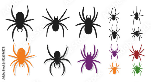 Halloween Spiders Vector Icons - Black, Orange, Purple, Red, Green