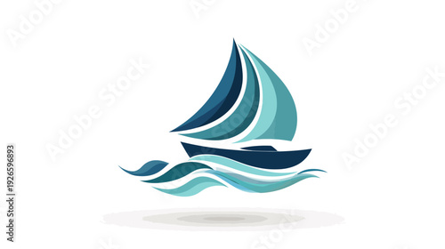 A stylized sailboat glides on waves, with a layered design in shades of blue and teal