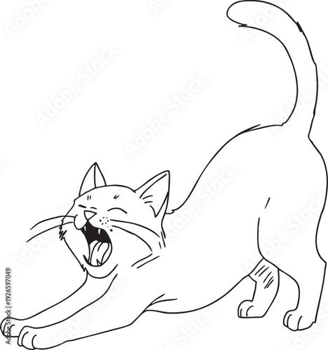 Line Drawing Illustration of Cat Stretching and Yawning