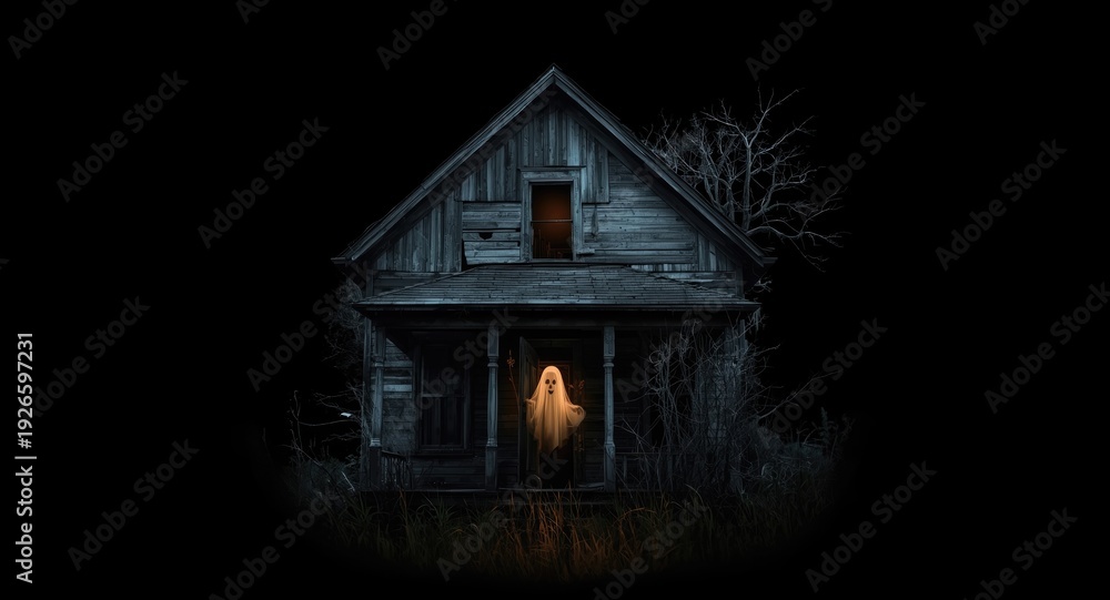 Fototapeta premium Abstract scary Halloween wallpaper featuring an abandoned house with ghostly light in a dark attic chamber