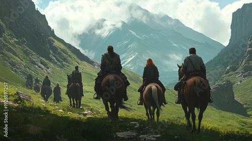 Group of horseback riders journey through a mountain valley