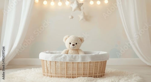 Plush teddy bear enjoying a peaceful moment in a baby bassinet