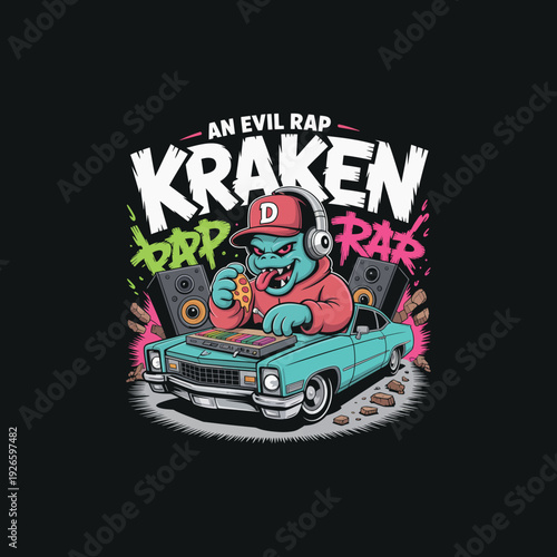 Kraken rapper in car with headphones eating pizza and dj board