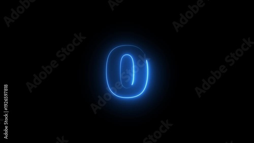Abstract glowing neon text 0 number countdown icon. Glowing sign on black background Neon number 