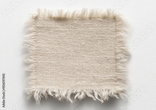 Close-up of a square textile swatch with frayed edges, centered on a white background