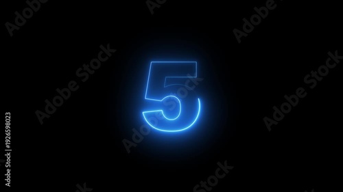 Abstract glowing neon text 5 number countdown icon. Glowing sign on black background Neon number