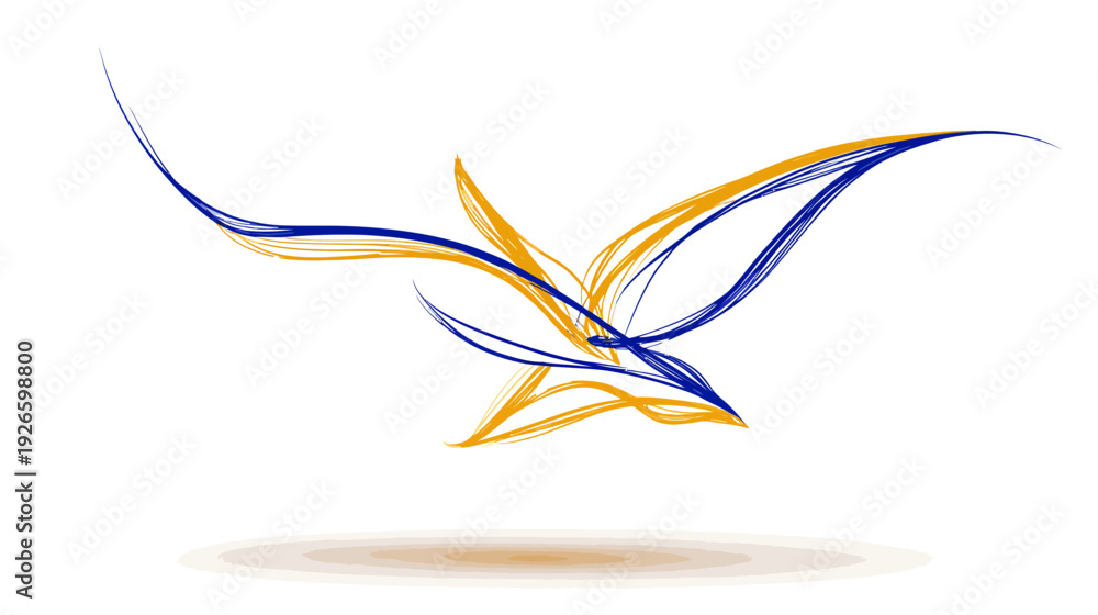Obraz premium Abstract graphic depicts a soaring bird shape. Yellow and blue brushstrokes, white background, shadow