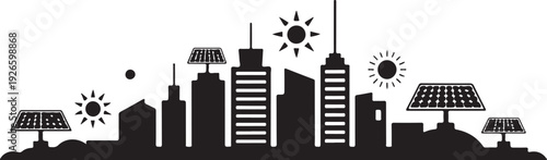 Black and white cityscape with solar panels and suns