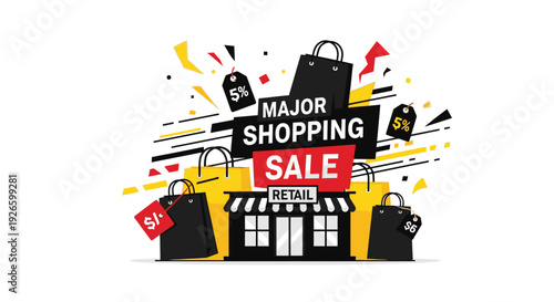 Vibrant shopping sale advertisement illustration featuring a storefront with shopping bags and discount signs