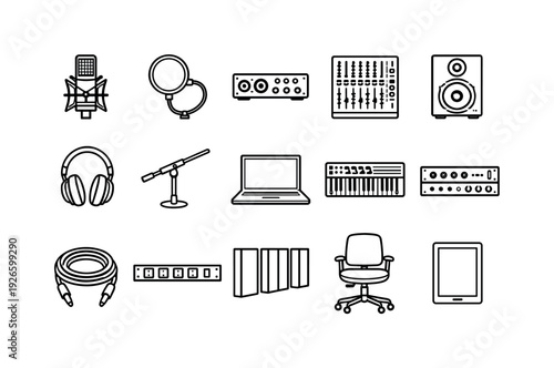 Music recording studio gear: studio microphone, pop filter, audio interface, mixing console, studio monitor, headphone, microphone stand, laptop, midi