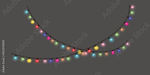 Colorful string lights arranged in a wavy pattern on a dark background.