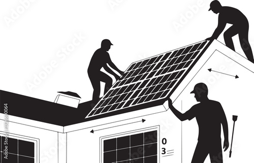 Black and white of men installing solar panel on roof
