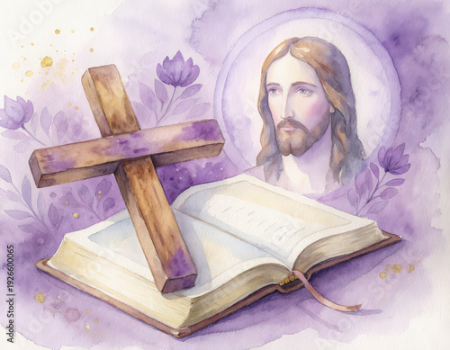 Fondo religioso abstracto pintado en acuarela con tonos púrpuras suaves, con imagen de jesucristo, biblia y cruz de madera. Concepto celebraciones religiosas, pascua, SEmana Santa