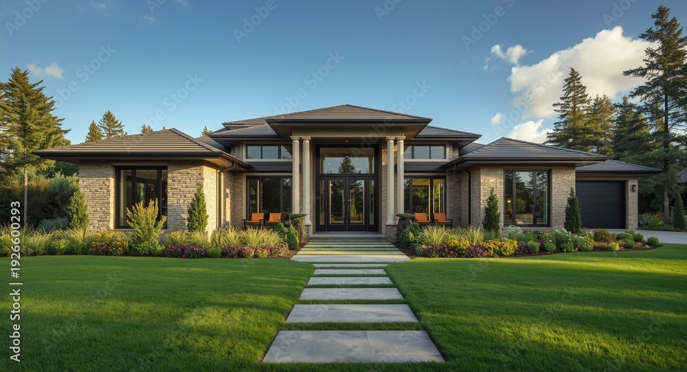 Obraz premium Luxury modern home exterior with upscale design and manicured landscaping