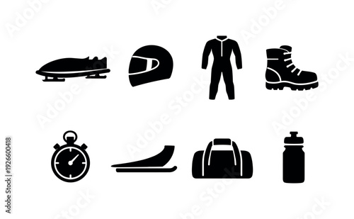 Bobsled equipment: bobsled, helmet, racing suit, snow boot, stopwatch, sled runner, sports bag, water bottle
