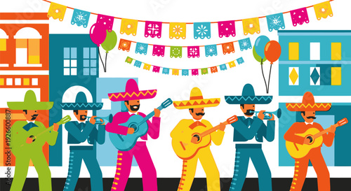 Vibrant mariachi band performing in a festive Mexican street scene with colorful decorations and buildings