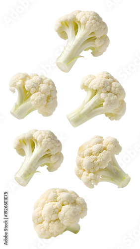 Falling cauliflower florets isolated on transparent background