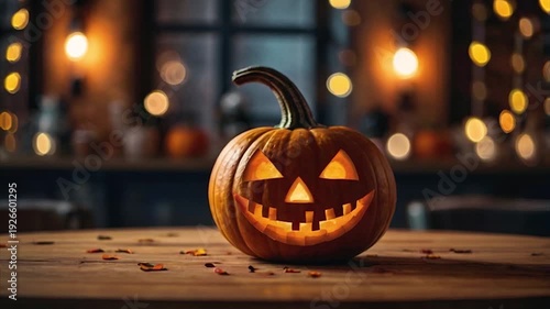 Scary carved pumpkin glowing on a wooden table with festive bokeh lights in a dark, spooky setting