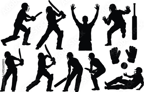 Cricket player silhouettes collection, batsman batting and wicketkeeper action poses vector set isolated on light background for sports design