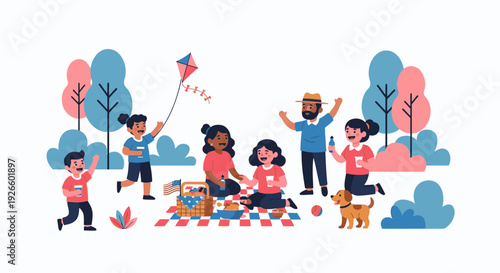 Family enjoying a playful day outdoors with kite flying and dog in a scenic landscape view.