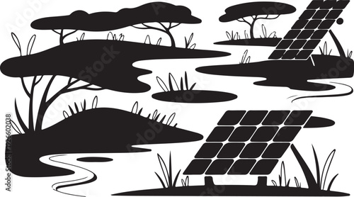 Black and white of solar panel in natural landscape
