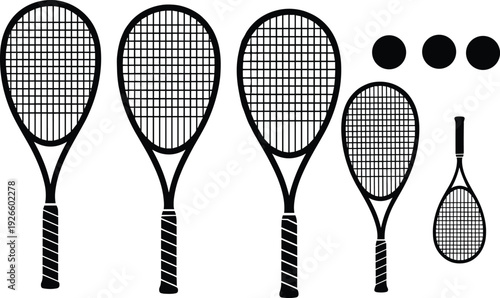 Tennis racket silhouettes collection, different racquet sizes with balls vector set isolated on light background for sports design