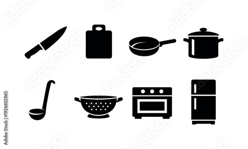 Restaurant kitchen equipment: chef knife, cutting board, frying pan, stock pot, ladle, colander, oven, refrigerator