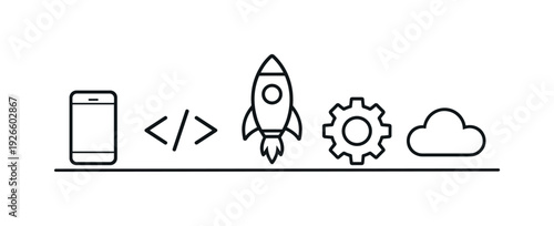 Mobile app development and digital product launch strategy for technology startups entering competitive online markets, smartphone, code brackets