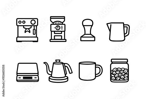Home barista tools: espresso machine, coffee grinder, tamper, milk frother, coffee scale, kettle, coffee mug, coffee beans jar