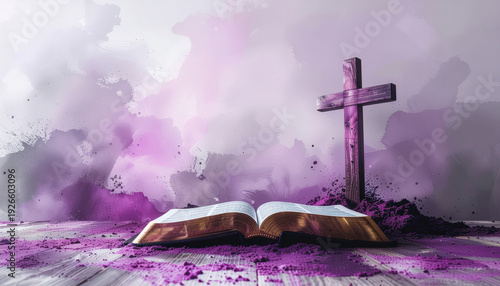 fondo abstracto religioso en acuarela morada con biblia y cruz cristiana