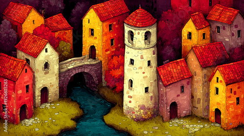 Whimsical Storybook Medieval Village with Stone Bridge and Tower