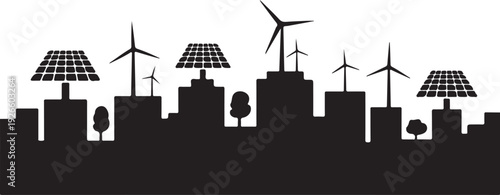 Black cityscape with wind turbines and solar panels