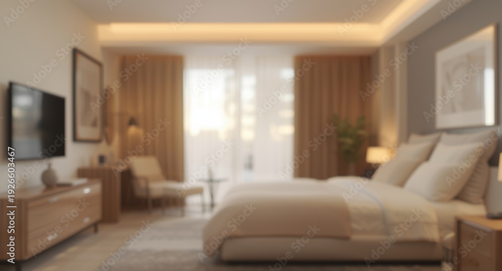 Fototapeta premium Soft ambient light blurring modern bedroom interior enhancing background suitability