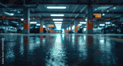 Wallpaper Mural Modern indoor parking design emphasizing a wet reflective floor with soft bokeh light blur in background Torontodigital.ca