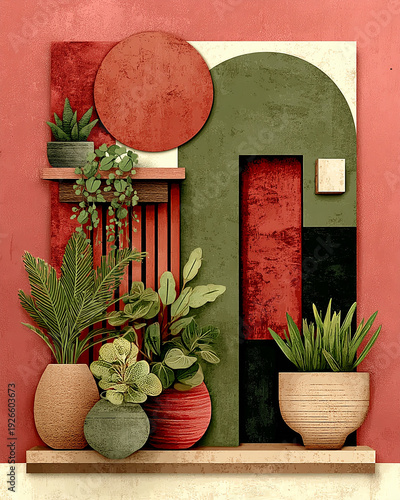 Modern Abstract Geometric Wall Art with Potted Plants