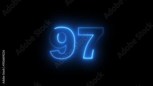 Abstract glowing neon text 97 number countdown icon. Glowing sign on black background