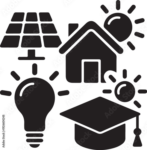 Black of house solar panel light bulb graduation cap and sun