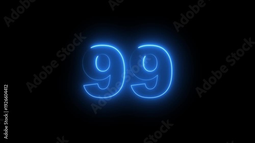 Abstract glowing neon text 99 number countdown icon. Glowing sign on black background