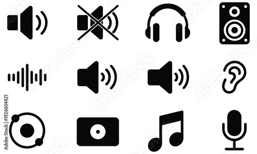 Vector graphic illustration set featuring various audio and sound icons including speakers headphones and microphone for multimedia design projects